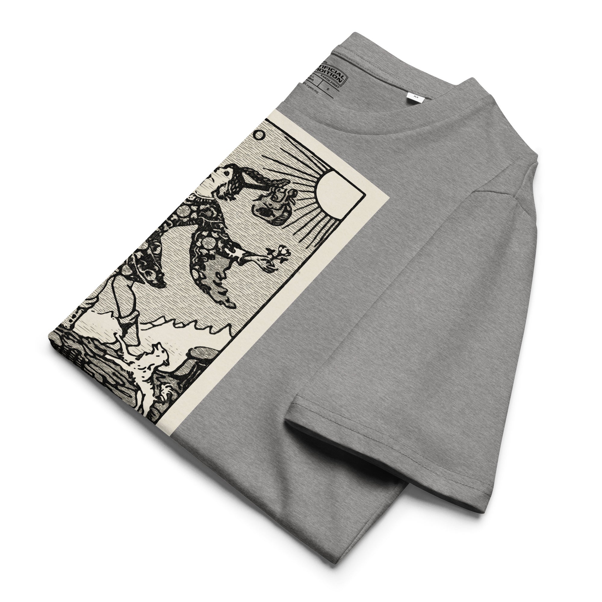 Heavyweight organic cotton t-shirt with The Fool tarot illustration rendered in modern woodcut style.