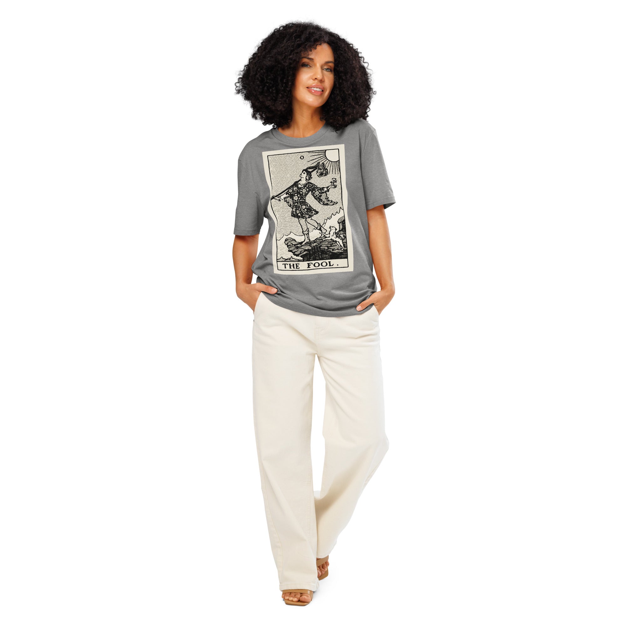 Heavyweight organic cotton t-shirt with The Fool tarot illustration rendered in modern woodcut style.