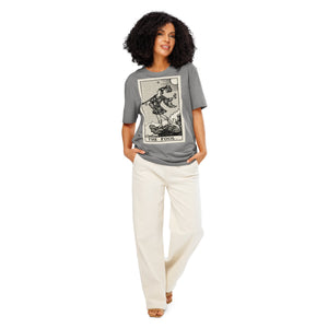 Heavyweight organic cotton t-shirt with The Fool tarot illustration rendered in modern woodcut style.