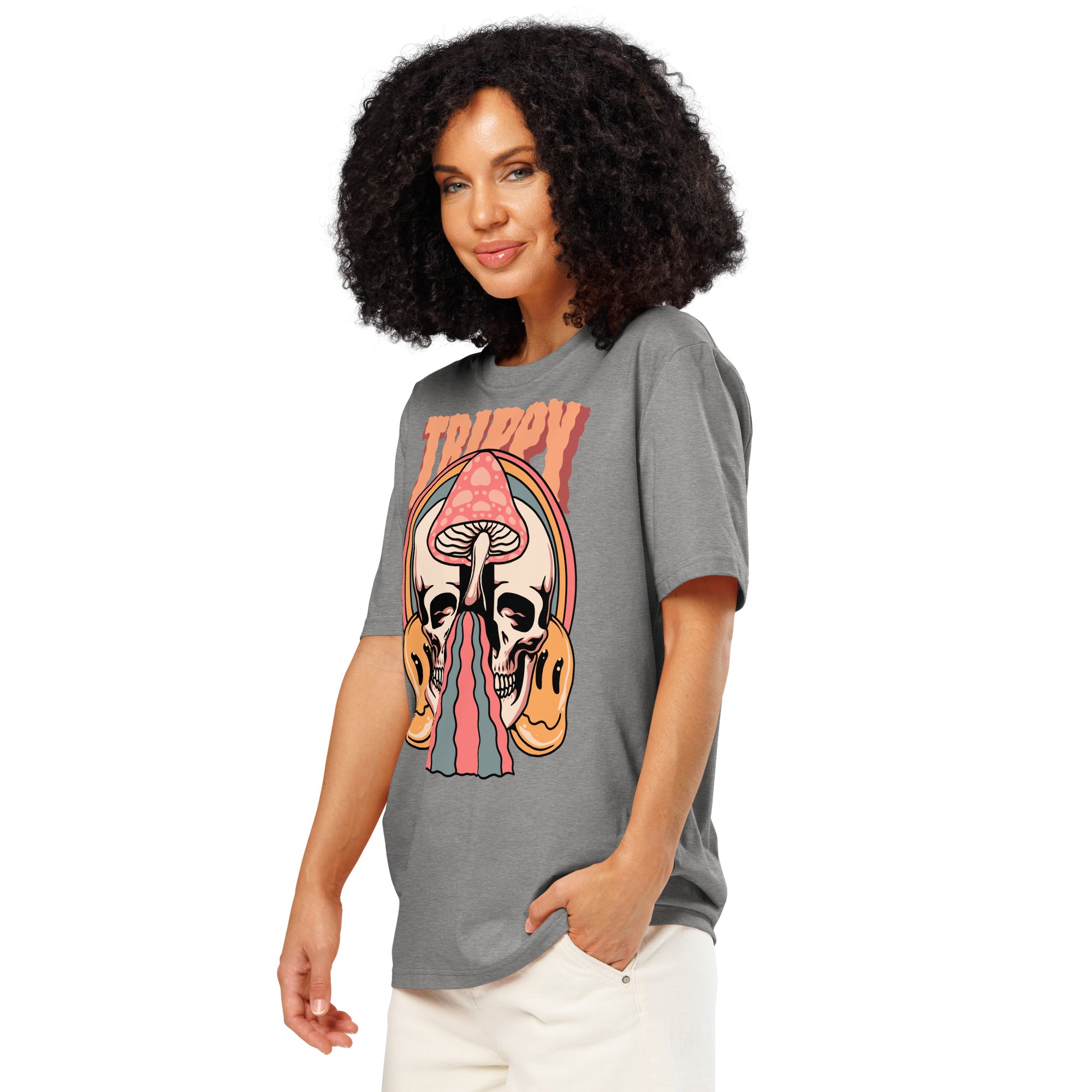 Heavyweight organic cotton t-shirt featuring a split skull pierced by a pink mushroom, with melting psychedelic shapes and small smiley faces.