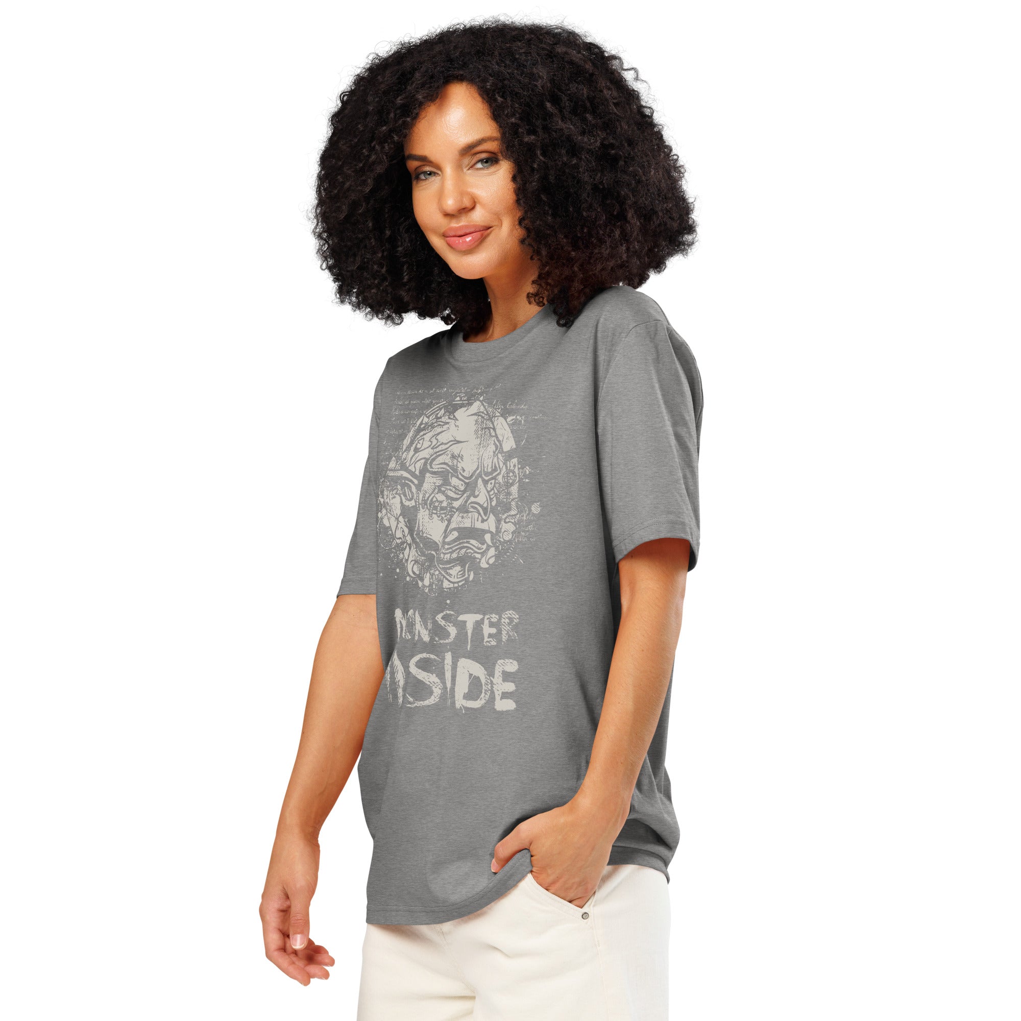Black heavyweight organic cotton t-shirt featuring horned monster emerging from a ritual circle with fragmented script.