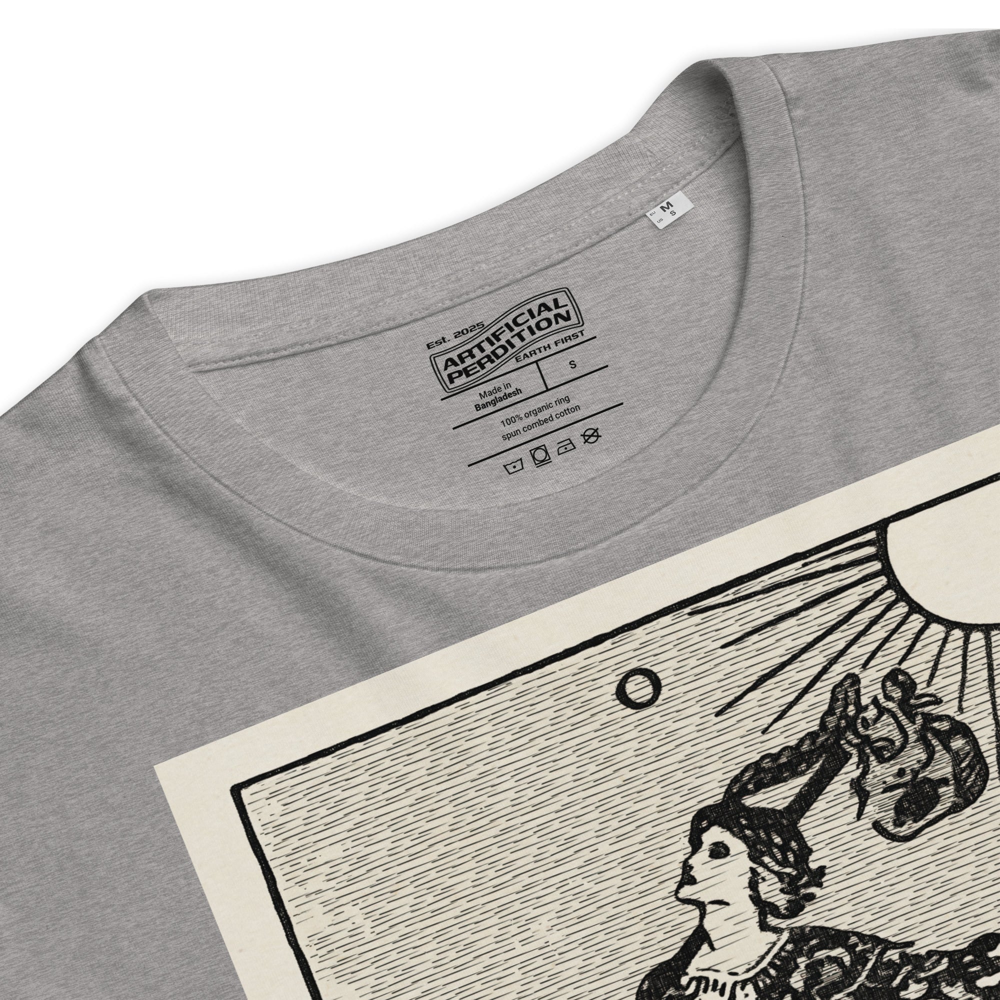 Heavyweight organic cotton t-shirt with The Fool tarot illustration rendered in modern woodcut style.
