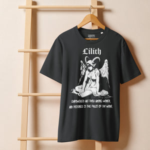 Heavyweight organic cotton t-shirt with black-and-white Lilith illustration and gothic text.