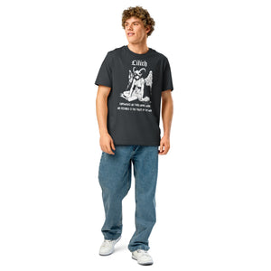 Heavyweight organic cotton t-shirt with black-and-white Lilith illustration and gothic text.
