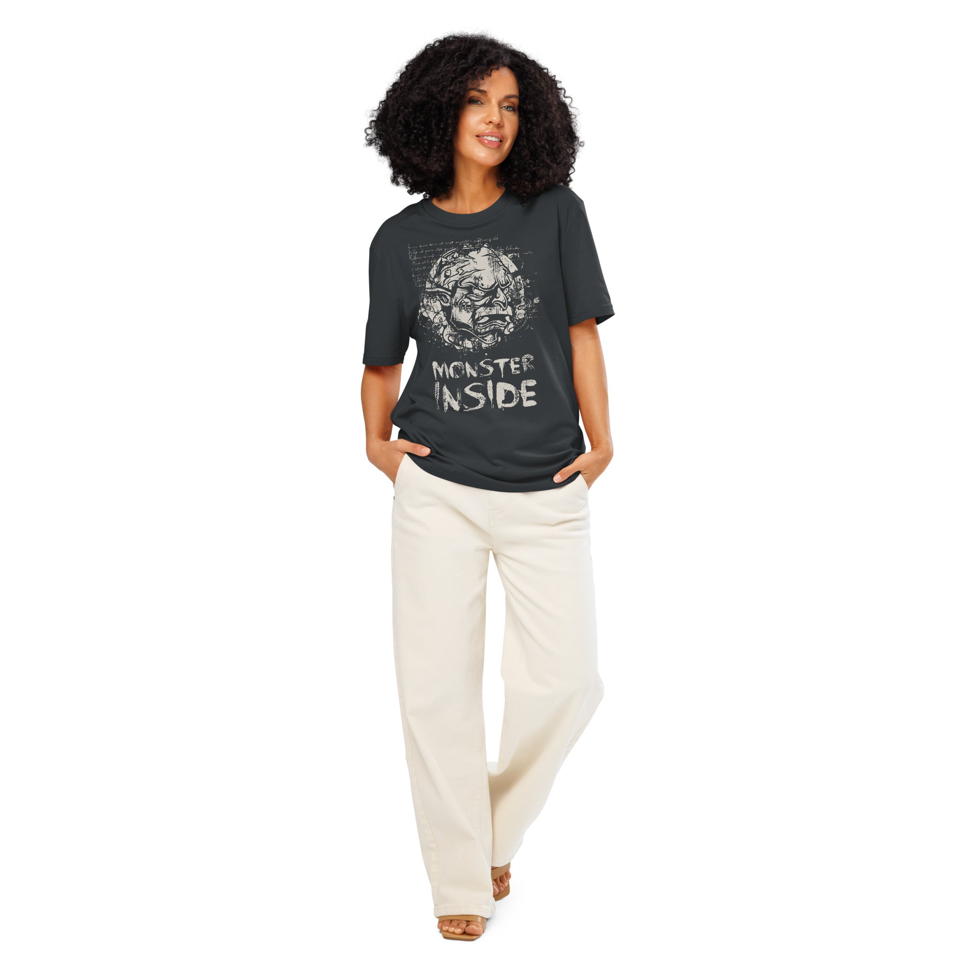 Black heavyweight organic cotton t-shirt featuring horned monster emerging from a ritual circle with fragmented script.