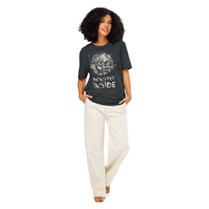 Black heavyweight organic cotton t-shirt featuring horned monster emerging from a ritual circle with fragmented script.