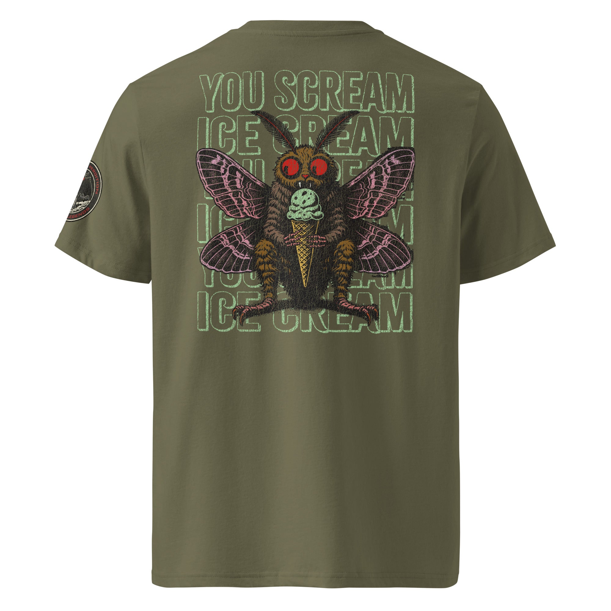 The back of a khaki heavyweight tee featuring Mothman eating an ice cream cone with the repeating words "you scream | ice scream."