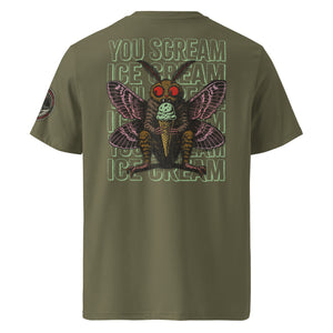 The back of a khaki heavyweight tee featuring Mothman eating an ice cream cone with the repeating words "you scream | ice scream."