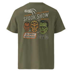 A distressed vintage poster image with Dracula, Wolfman, and Frankenstein; One Night Only type on a premium organic khaki heavyweight t-shirt.
