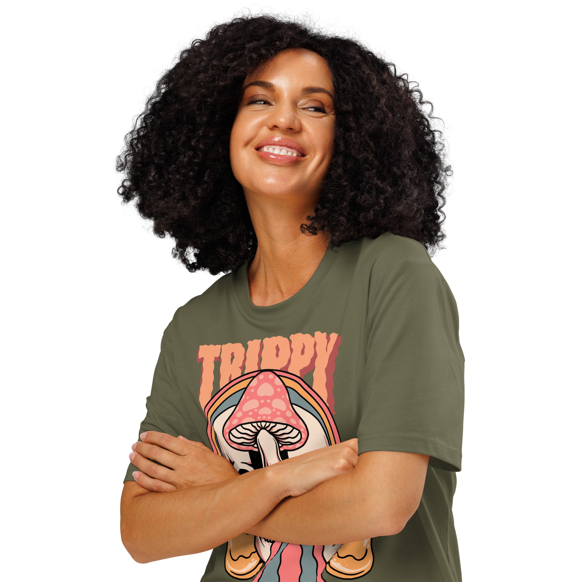 Heavyweight organic cotton t-shirt featuring a split skull pierced by a pink mushroom, with melting psychedelic shapes and small smiley faces.