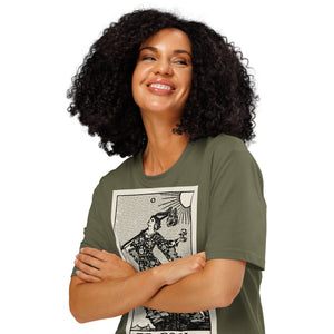 Heavyweight organic cotton t-shirt with The Fool tarot illustration rendered in modern woodcut style.