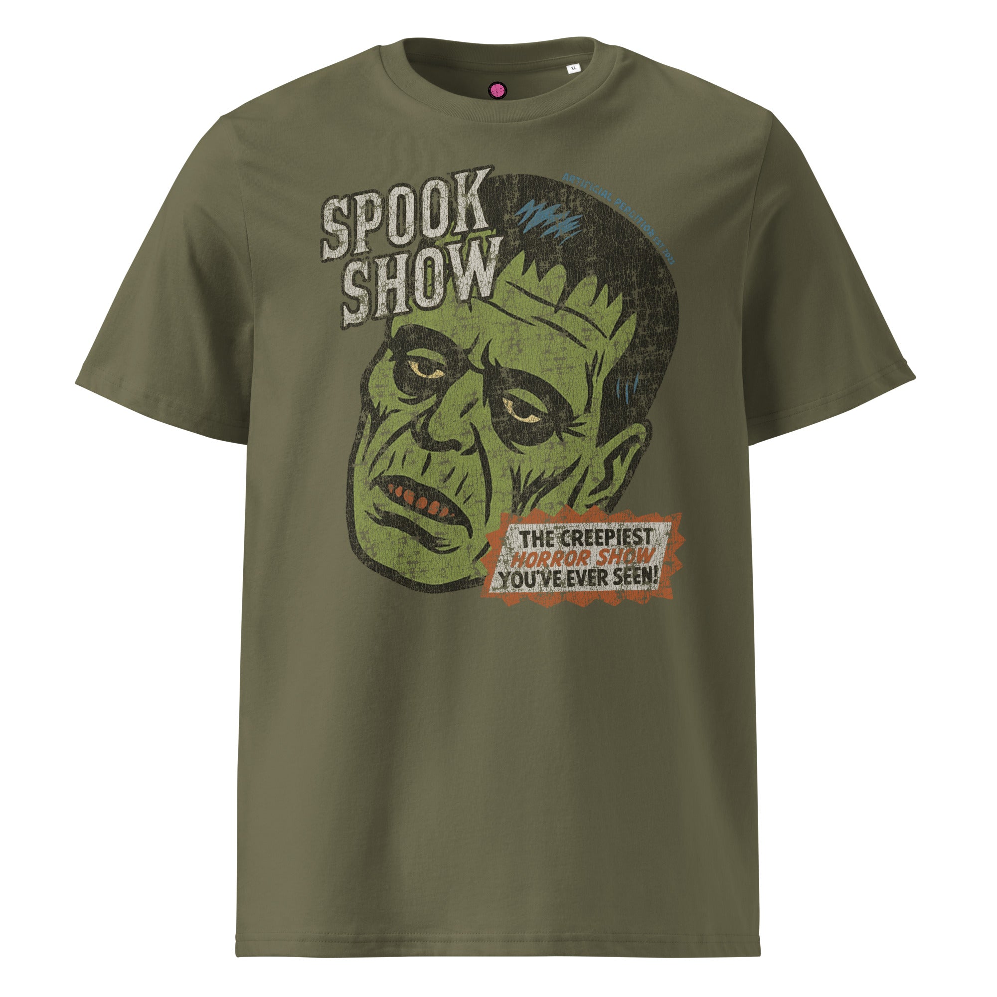 Distressed Frankenstein head with “Spook Show” on a premium organic heavyweight khaki tee.