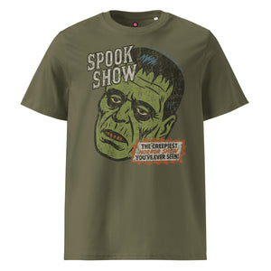 Distressed Frankenstein head with “Spook Show” on a premium organic heavyweight khaki tee.