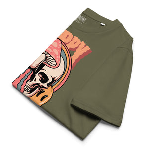 Heavyweight organic cotton t-shirt featuring a split skull pierced by a pink mushroom, with melting psychedelic shapes and small smiley faces.