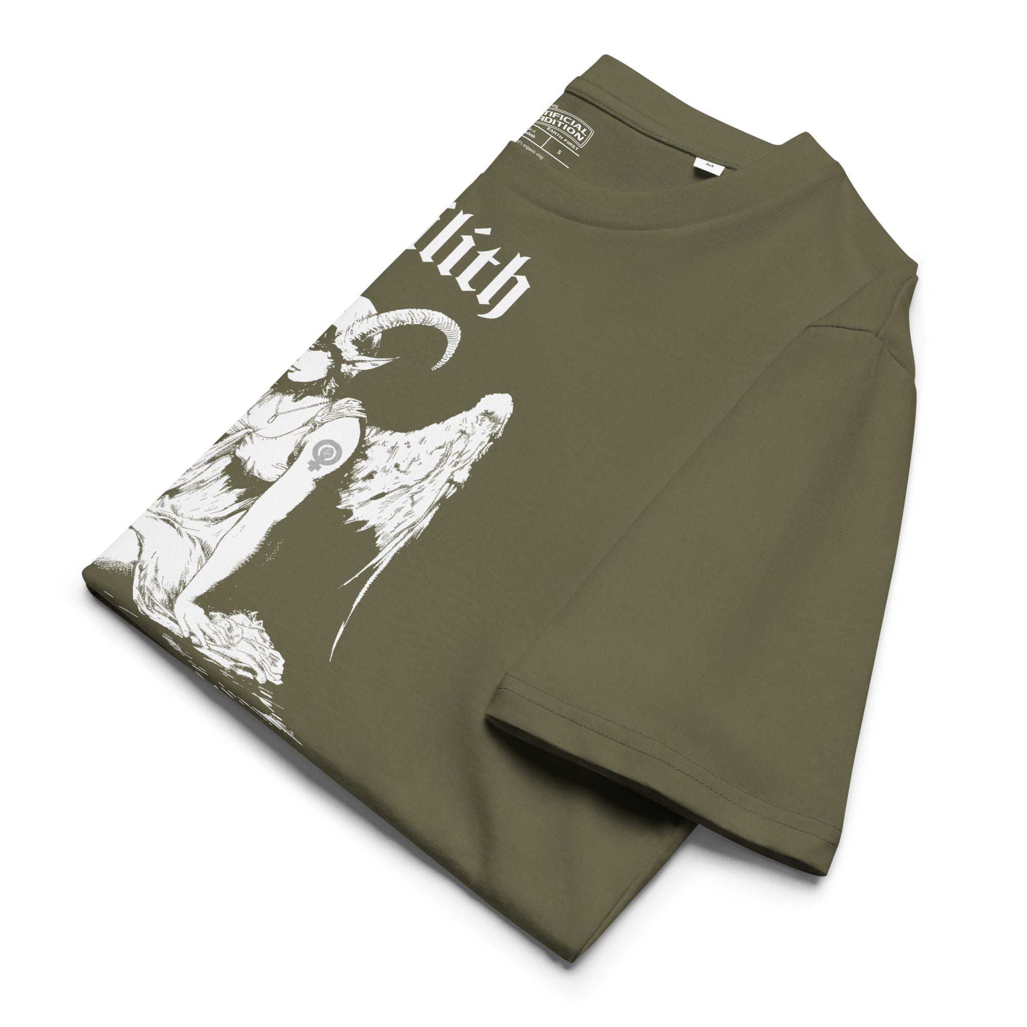 Heavyweight organic cotton t-shirt with black-and-white Lilith illustration and gothic text.