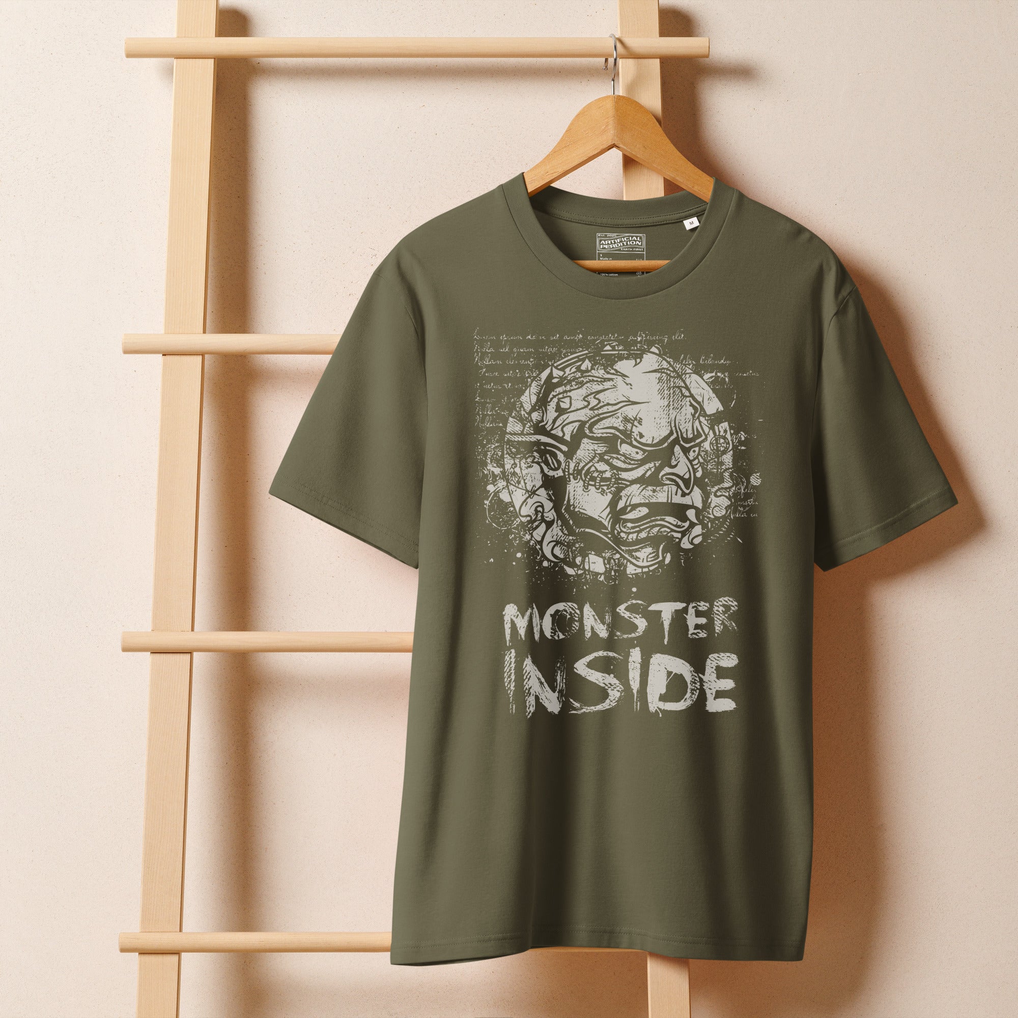 Black heavyweight organic cotton t-shirt featuring horned monster emerging from a ritual circle with fragmented script.