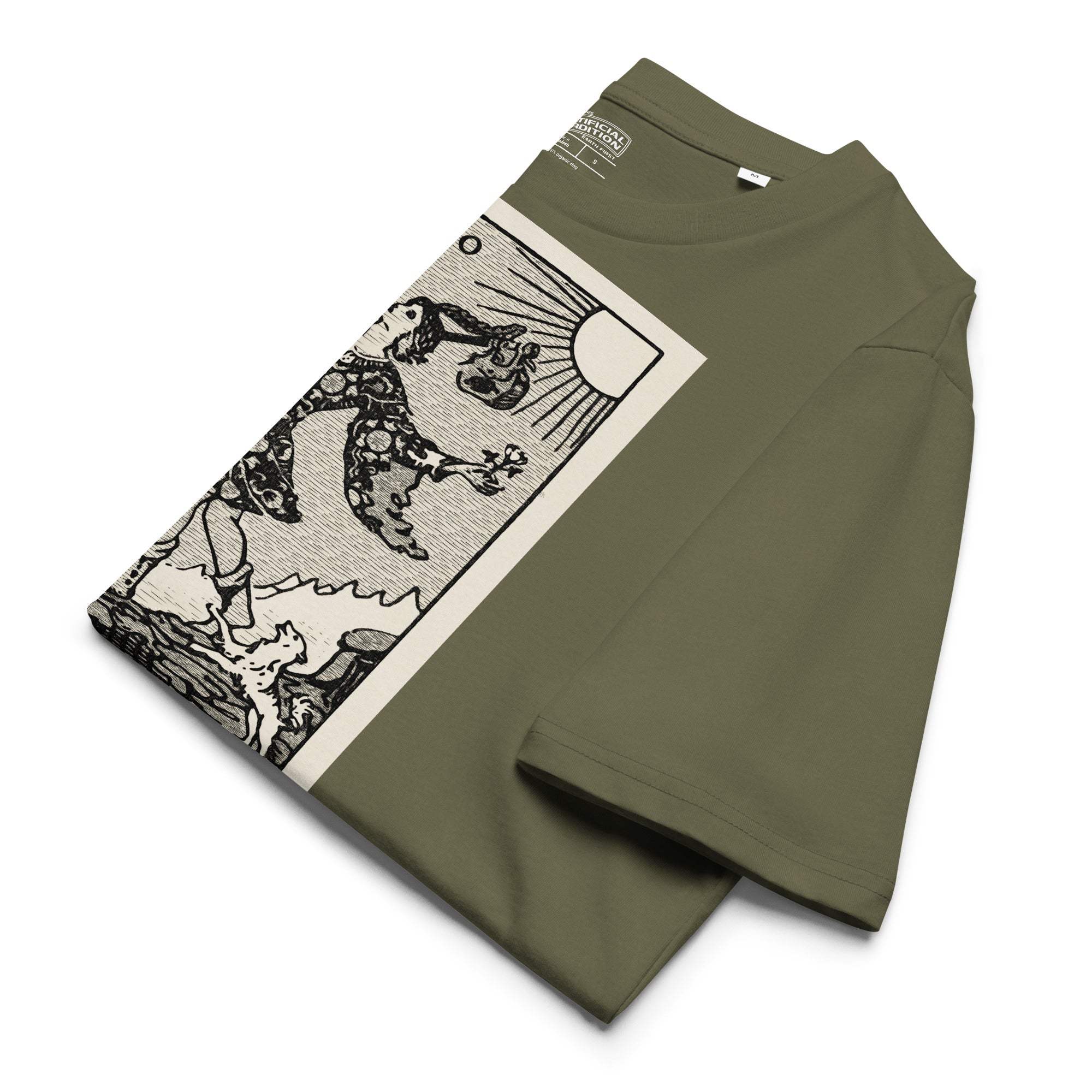 Heavyweight organic cotton t-shirt with The Fool tarot illustration rendered in modern woodcut style.