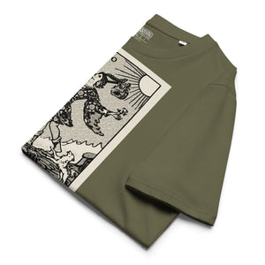 Heavyweight organic cotton t-shirt with The Fool tarot illustration rendered in modern woodcut style.