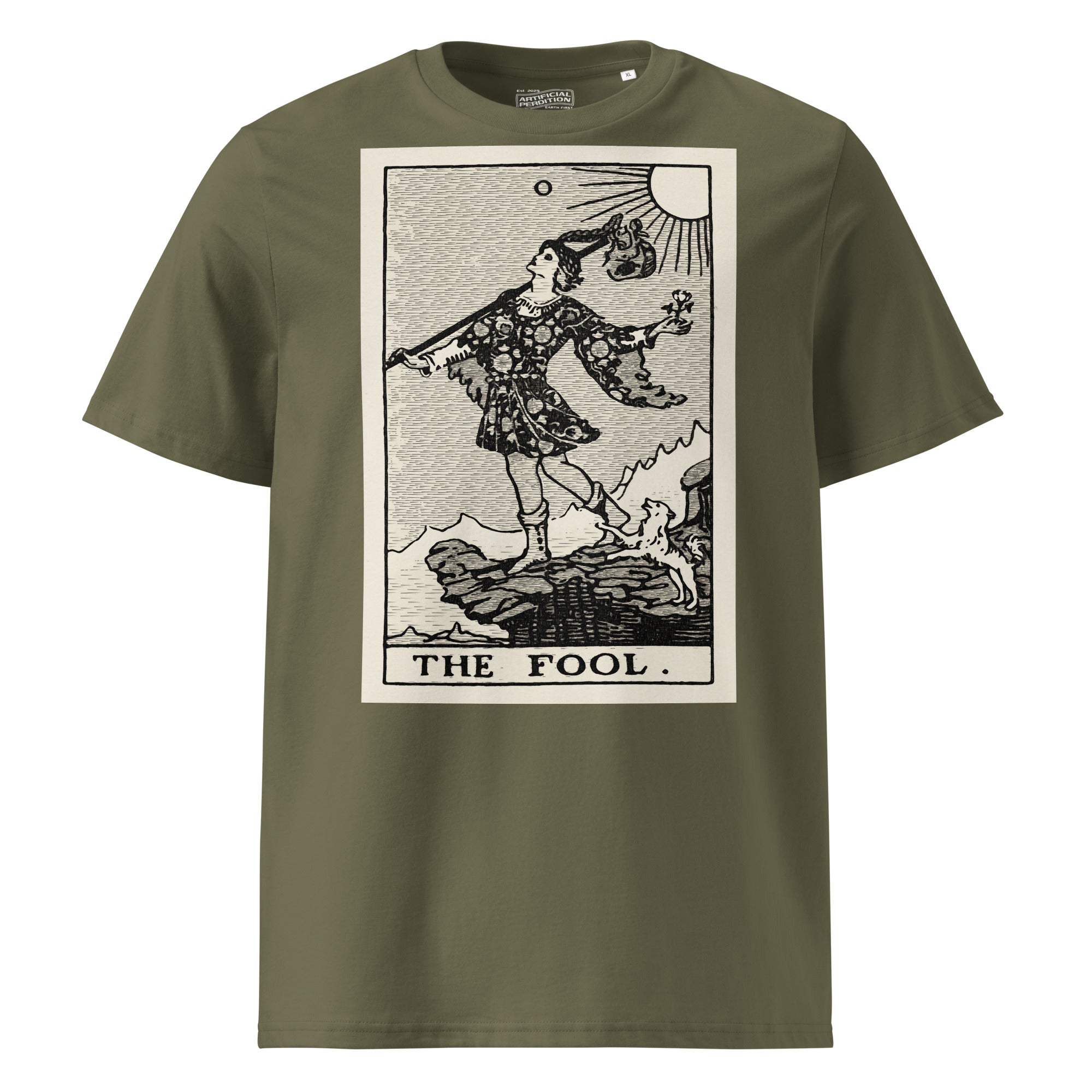 Heavyweight organic cotton t-shirt with The Fool tarot illustration rendered in modern woodcut style.