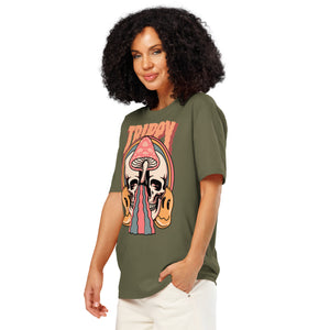 Heavyweight organic cotton t-shirt featuring a split skull pierced by a pink mushroom, with melting psychedelic shapes and small smiley faces.