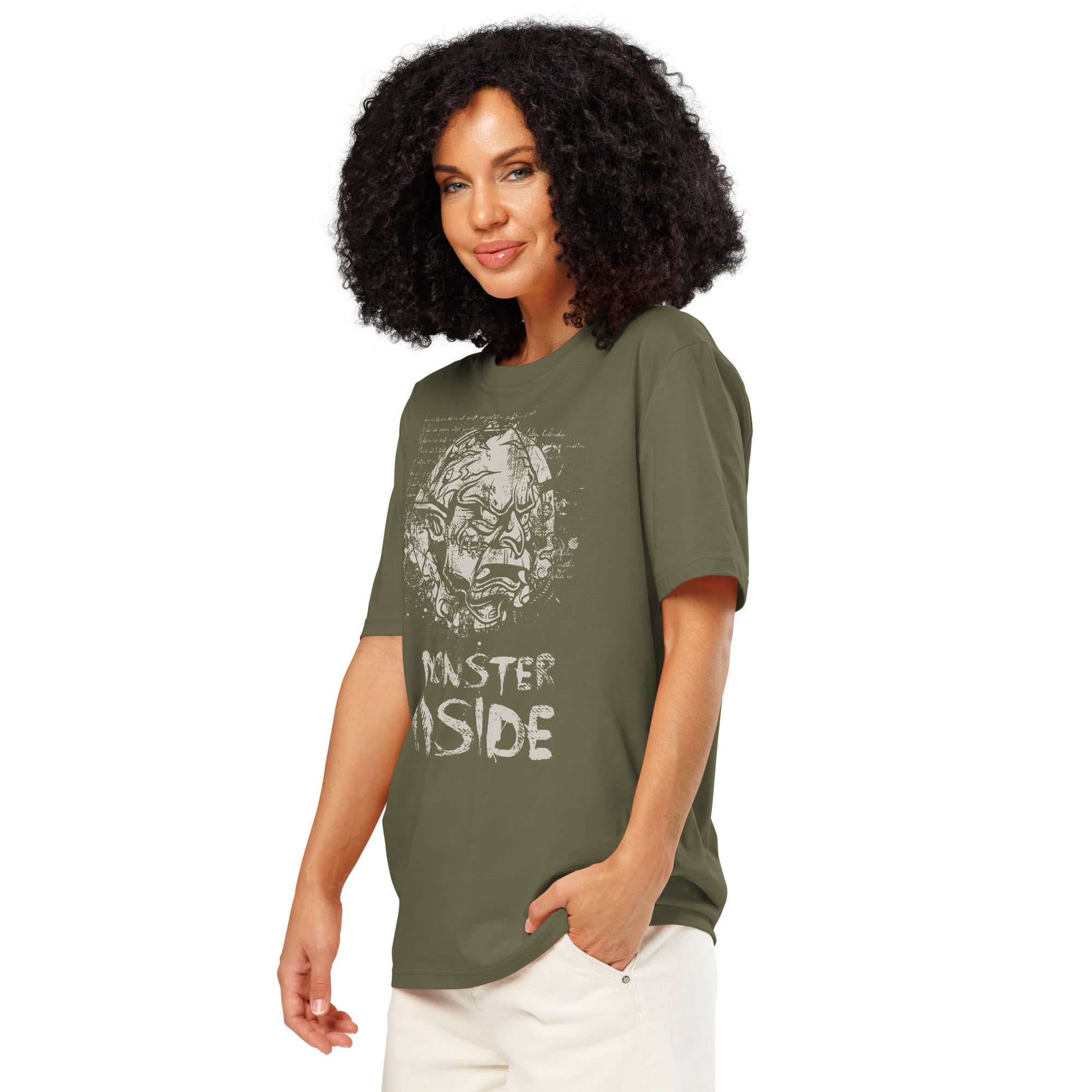 Black heavyweight organic cotton t-shirt featuring horned monster emerging from a ritual circle with fragmented script.