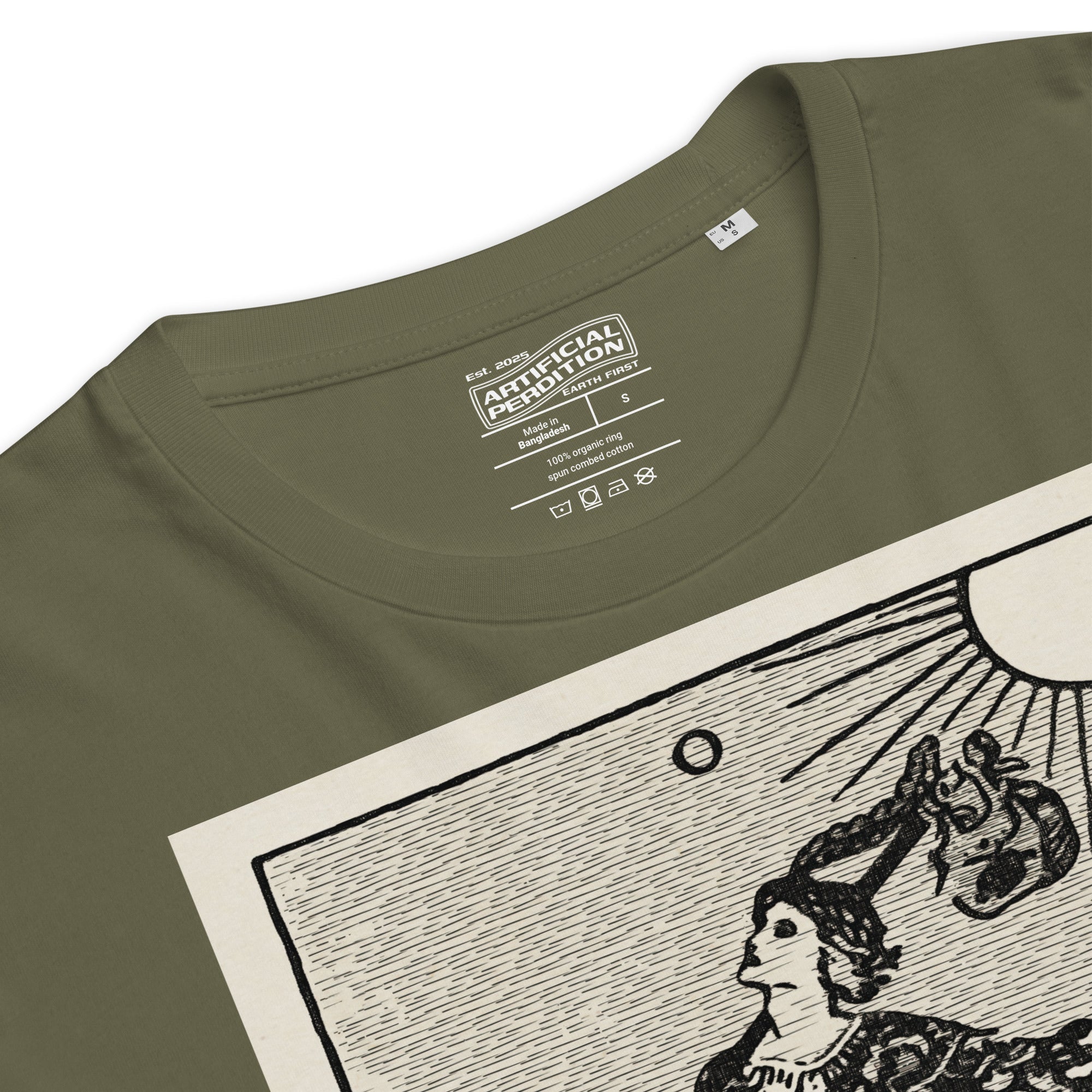 Heavyweight organic cotton t-shirt with The Fool tarot illustration rendered in modern woodcut style.