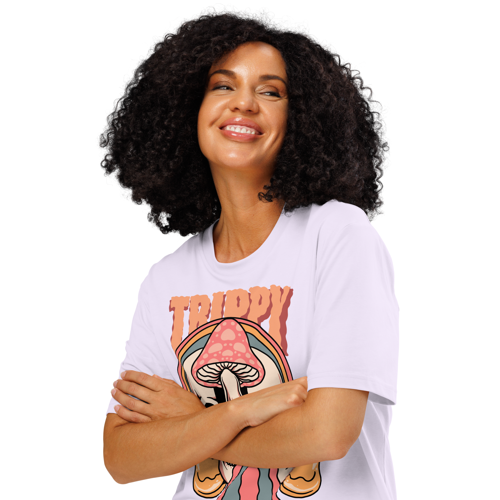 Heavyweight organic cotton t-shirt featuring a split skull pierced by a pink mushroom, with melting psychedelic shapes and small smiley faces.