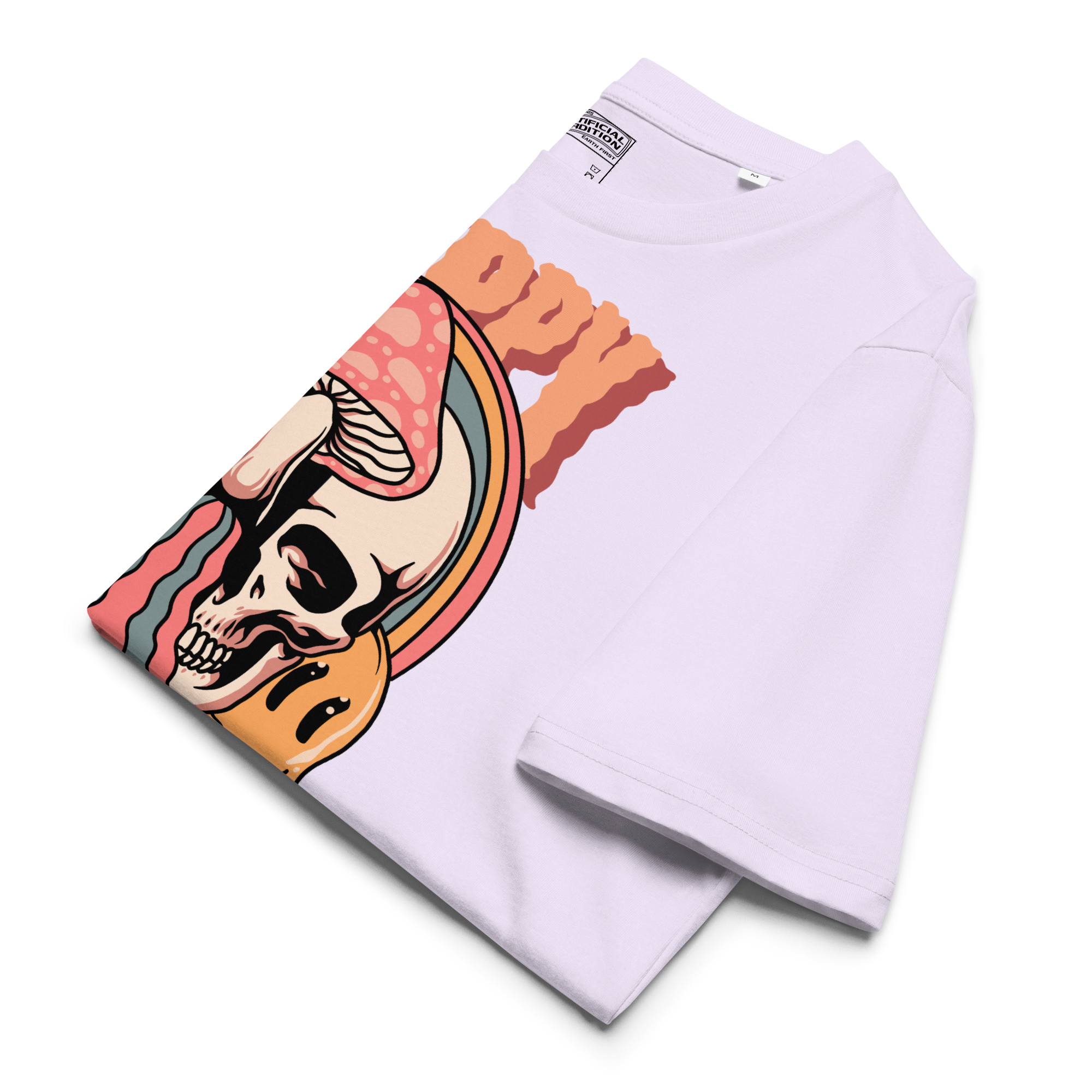 Heavyweight organic cotton t-shirt featuring a split skull pierced by a pink mushroom, with melting psychedelic shapes and small smiley faces.