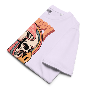 Heavyweight organic cotton t-shirt featuring a split skull pierced by a pink mushroom, with melting psychedelic shapes and small smiley faces.
