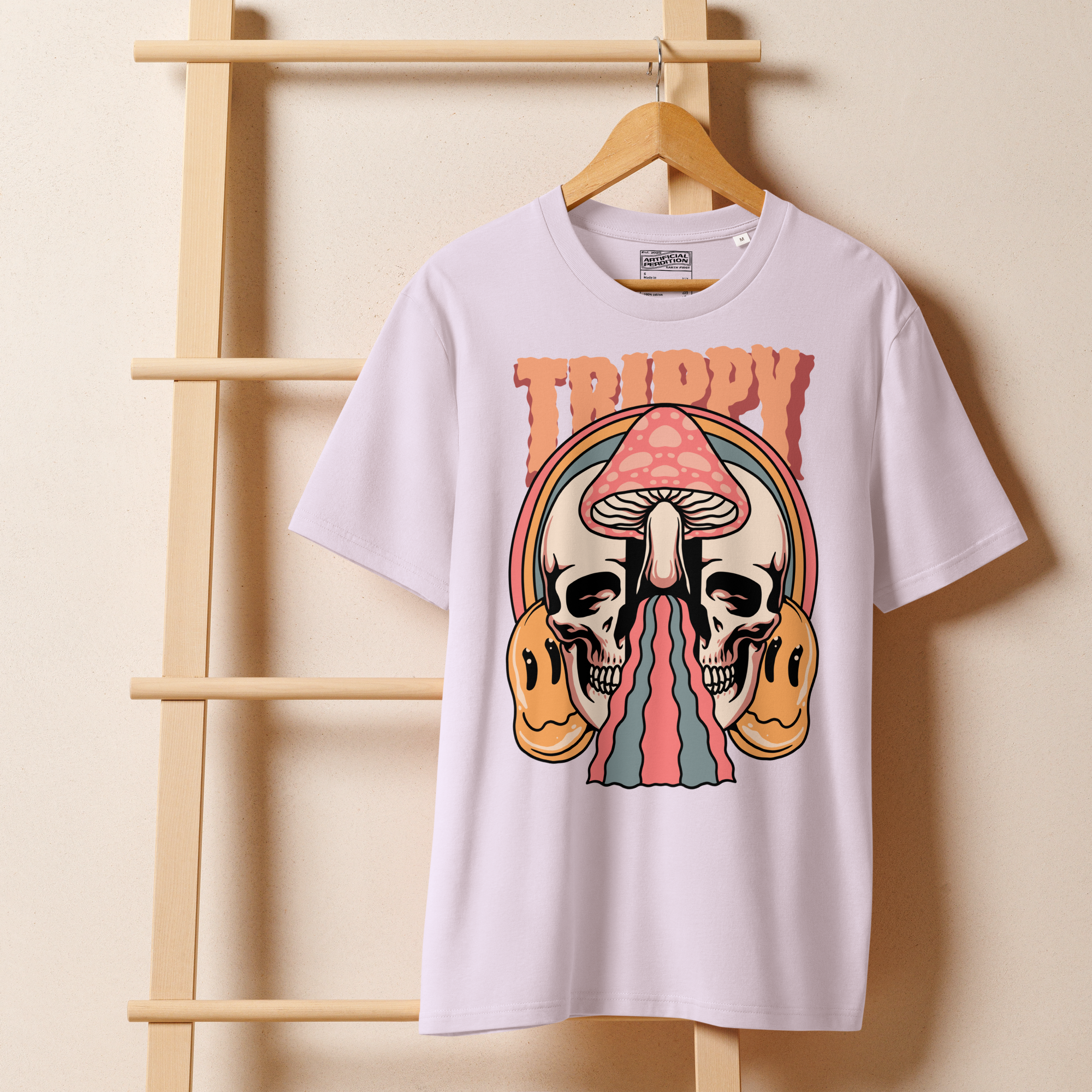 Heavyweight organic cotton t-shirt featuring a split skull pierced by a pink mushroom, with melting psychedelic shapes and small smiley faces.