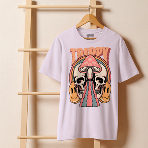 Heavyweight organic cotton t-shirt featuring a split skull pierced by a pink mushroom, with melting psychedelic shapes and small smiley faces.