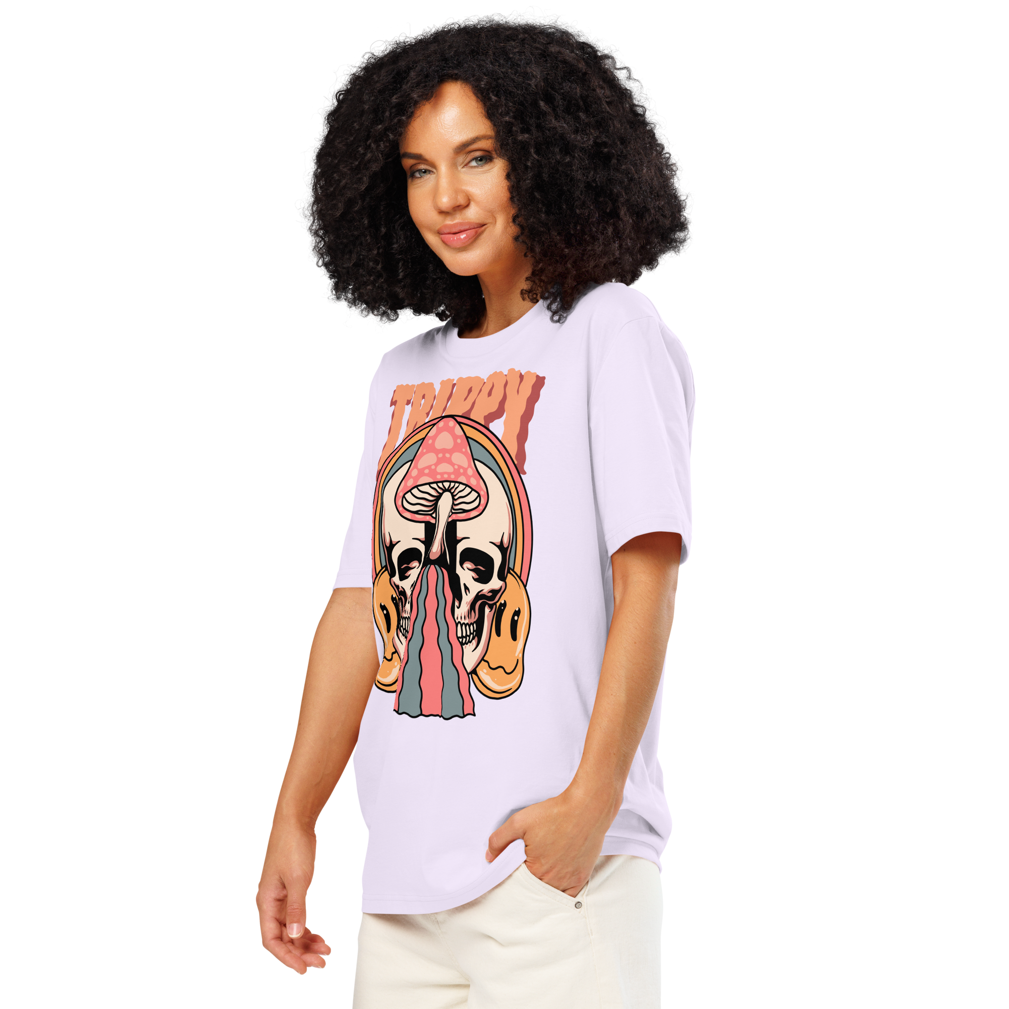 Heavyweight organic cotton t-shirt featuring a split skull pierced by a pink mushroom, with melting psychedelic shapes and small smiley faces.