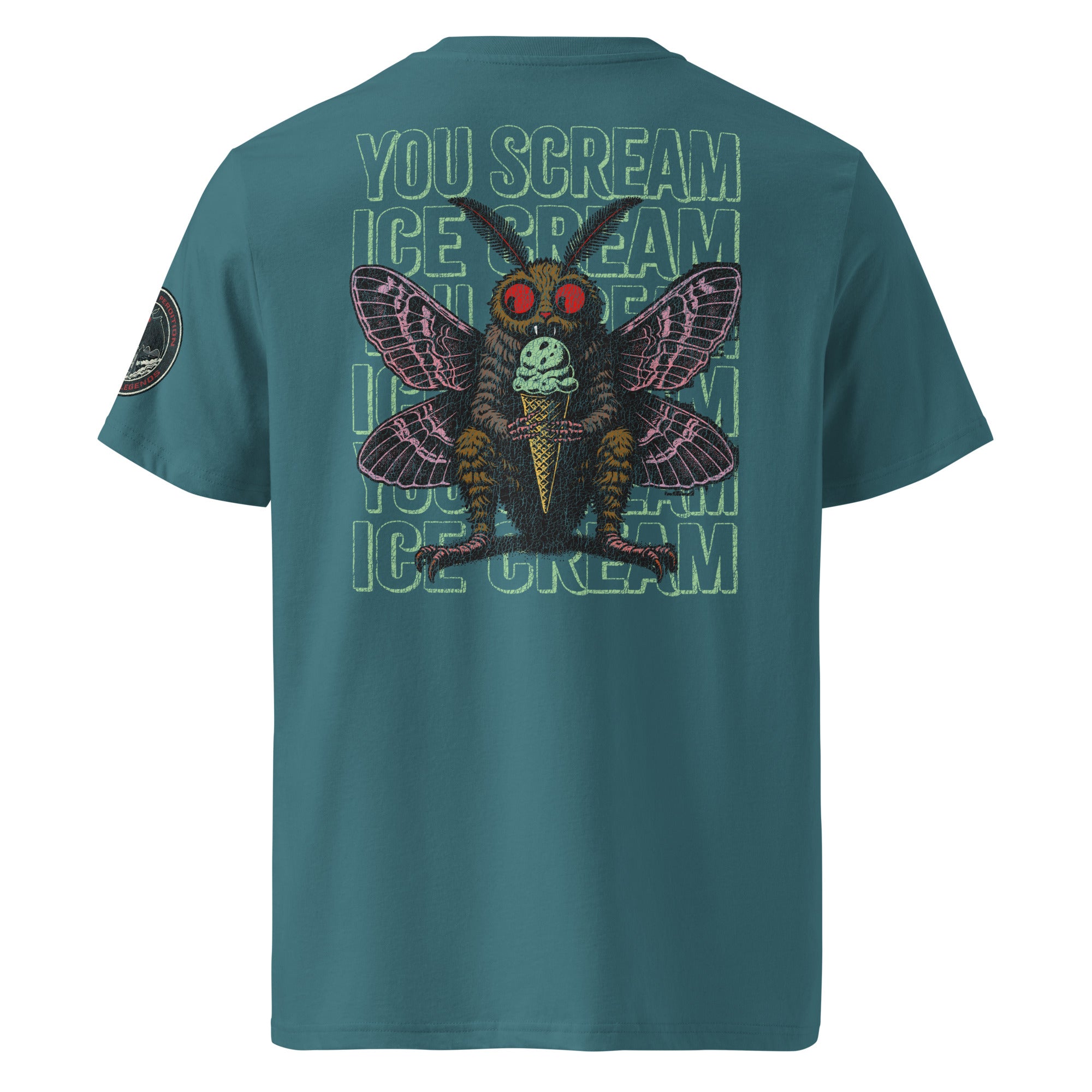 The back of a stargazer heavyweight tee featuring Mothman eating an ice cream cone with the repeating words "you scream | ice scream."