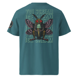 The back of a stargazer heavyweight tee featuring Mothman eating an ice cream cone with the repeating words "you scream | ice scream."