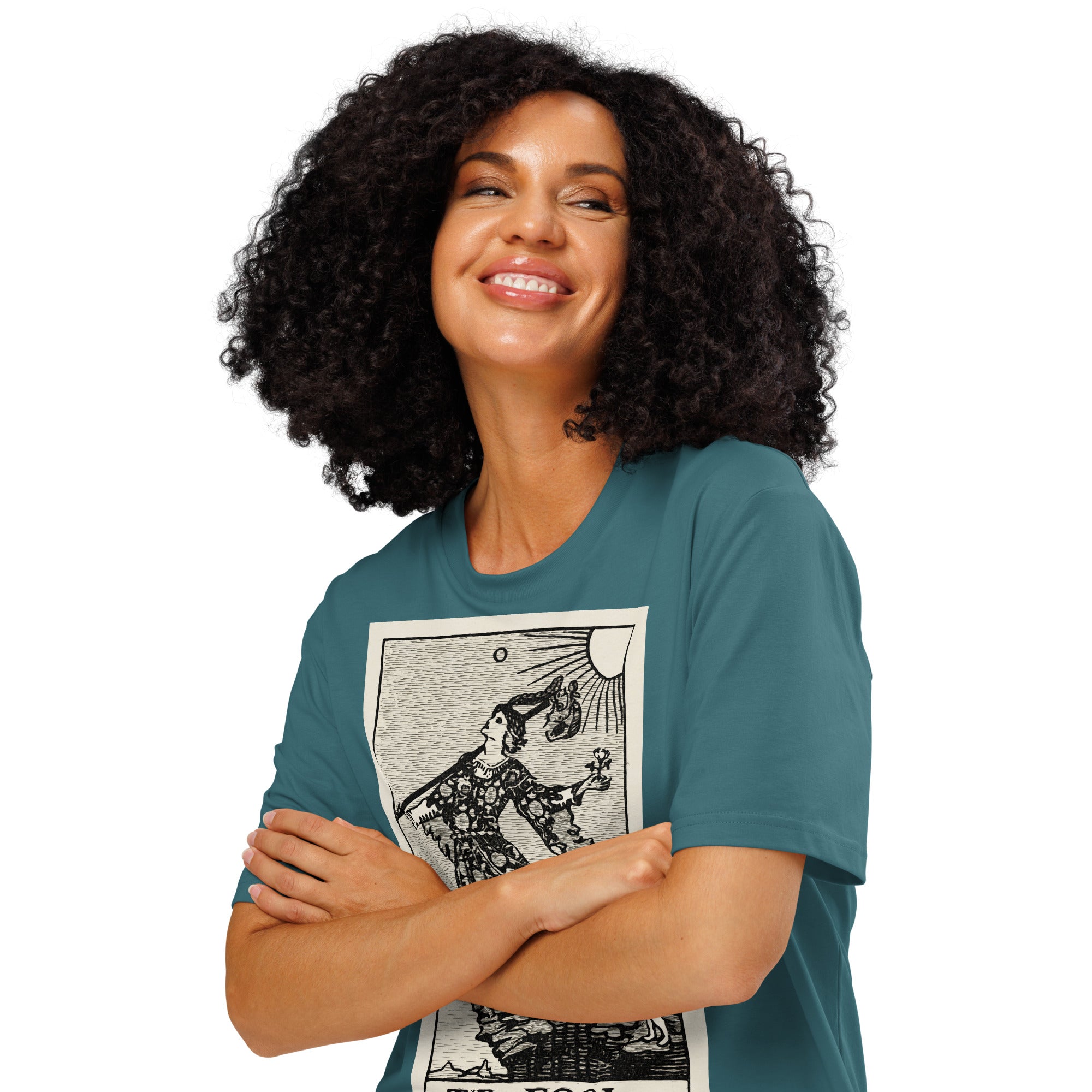 Heavyweight organic cotton t-shirt with The Fool tarot illustration rendered in modern woodcut style.