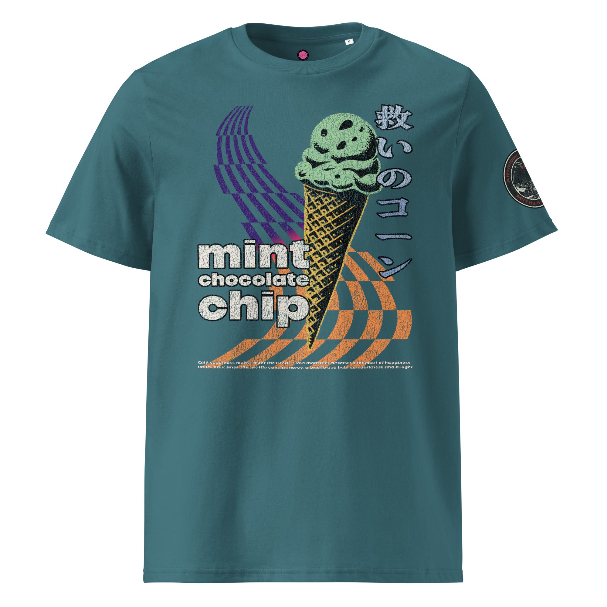The front of a stargazer heavyweight tee featuring the words "mint chocolate chip" wit a neon mint chip cone and the Japanese kanji 救いのコーン (Sukui no kōn) — “Cone of Salvation.”