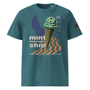 The front of a stargazer heavyweight tee featuring the words "mint chocolate chip" wit a neon mint chip cone and the Japanese kanji 救いのコーン (Sukui no kōn) — “Cone of Salvation.”