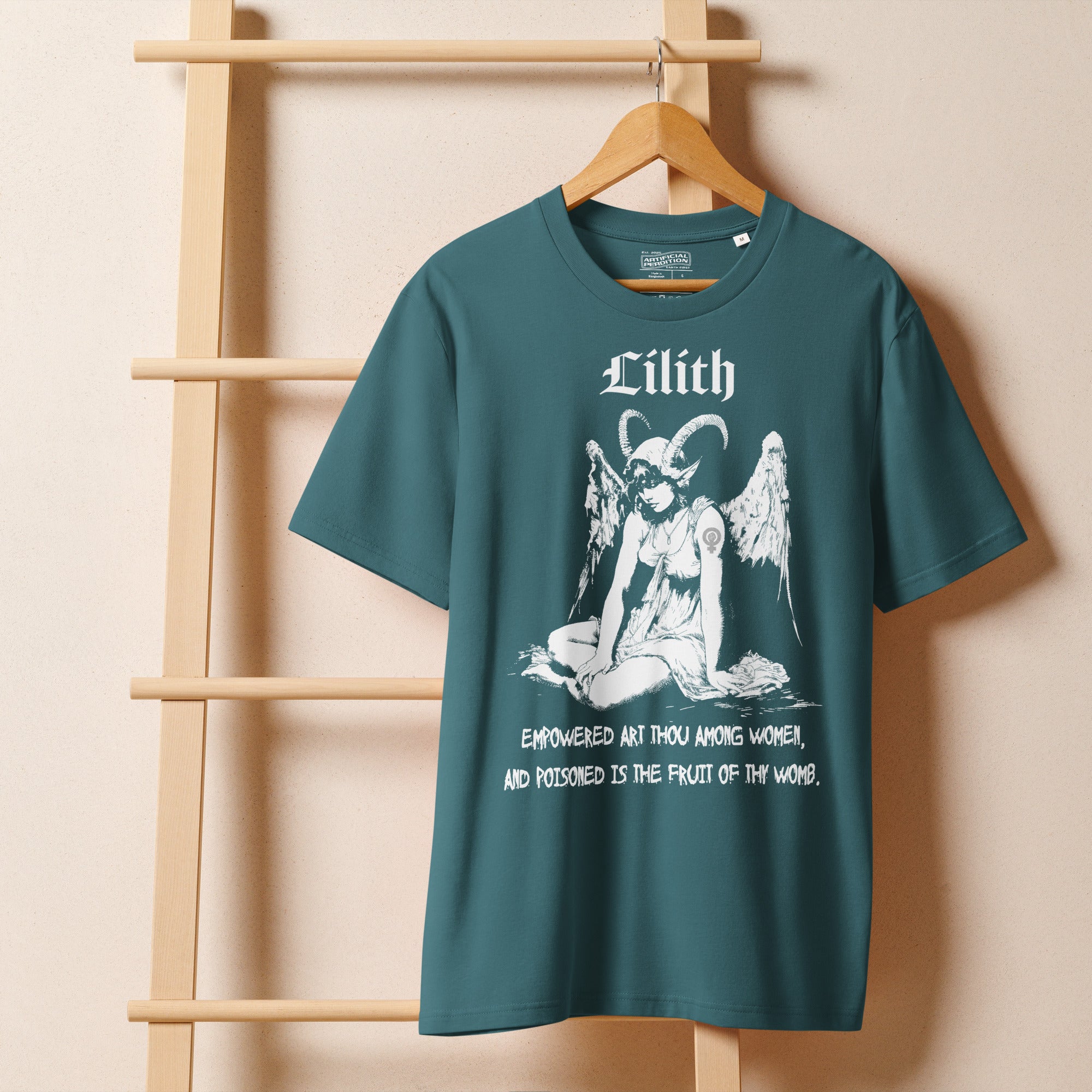 Heavyweight organic cotton t-shirt with black-and-white Lilith illustration and gothic text.