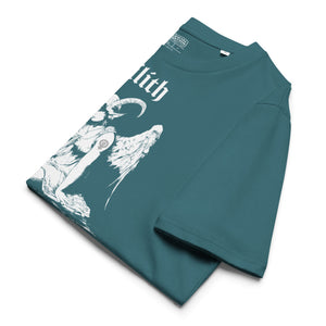 Heavyweight organic cotton t-shirt with black-and-white Lilith illustration and gothic text.