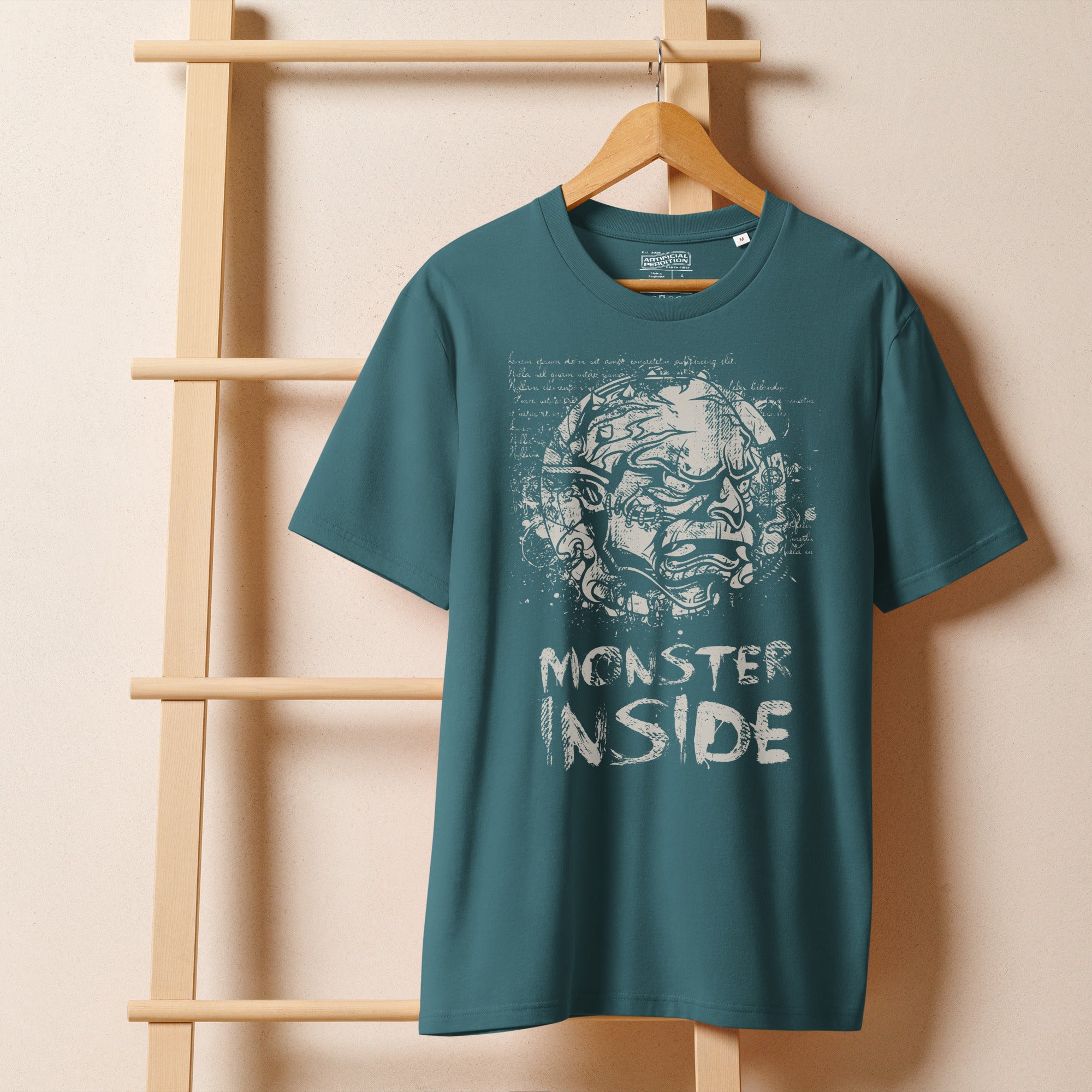Black heavyweight organic cotton t-shirt featuring horned monster emerging from a ritual circle with fragmented script.