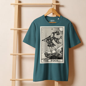 Heavyweight organic cotton t-shirt with The Fool tarot illustration rendered in modern woodcut style.