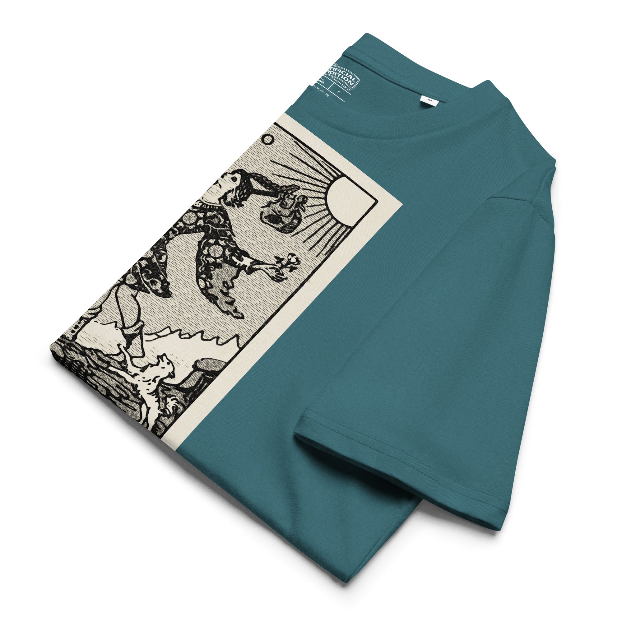 Heavyweight organic cotton t-shirt with The Fool tarot illustration rendered in modern woodcut style.