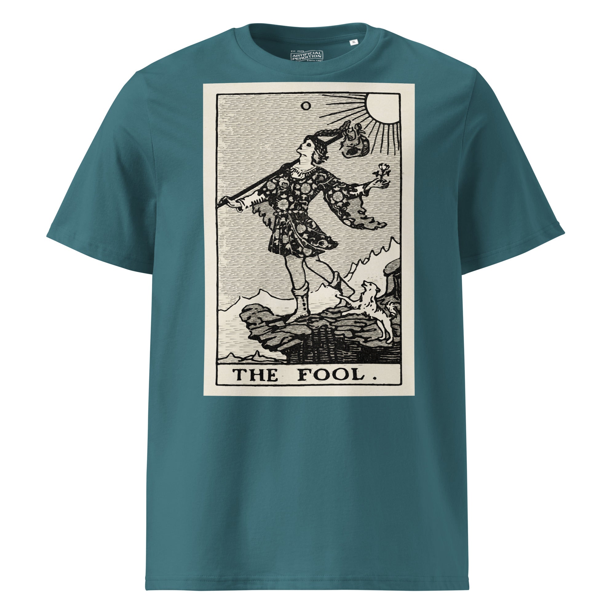 Heavyweight organic cotton t-shirt with The Fool tarot illustration rendered in modern woodcut style.