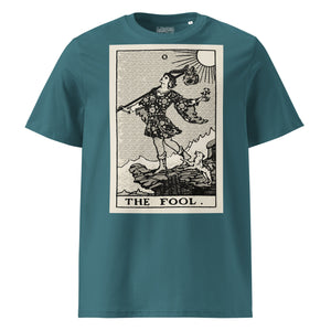 Heavyweight organic cotton t-shirt with The Fool tarot illustration rendered in modern woodcut style.