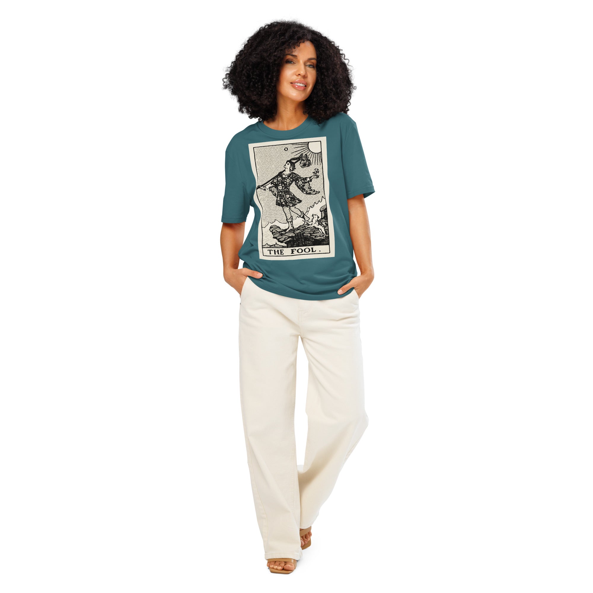 Heavyweight organic cotton t-shirt with The Fool tarot illustration rendered in modern woodcut style.