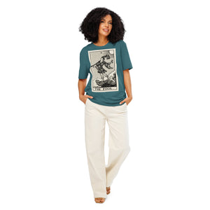 Heavyweight organic cotton t-shirt with The Fool tarot illustration rendered in modern woodcut style.