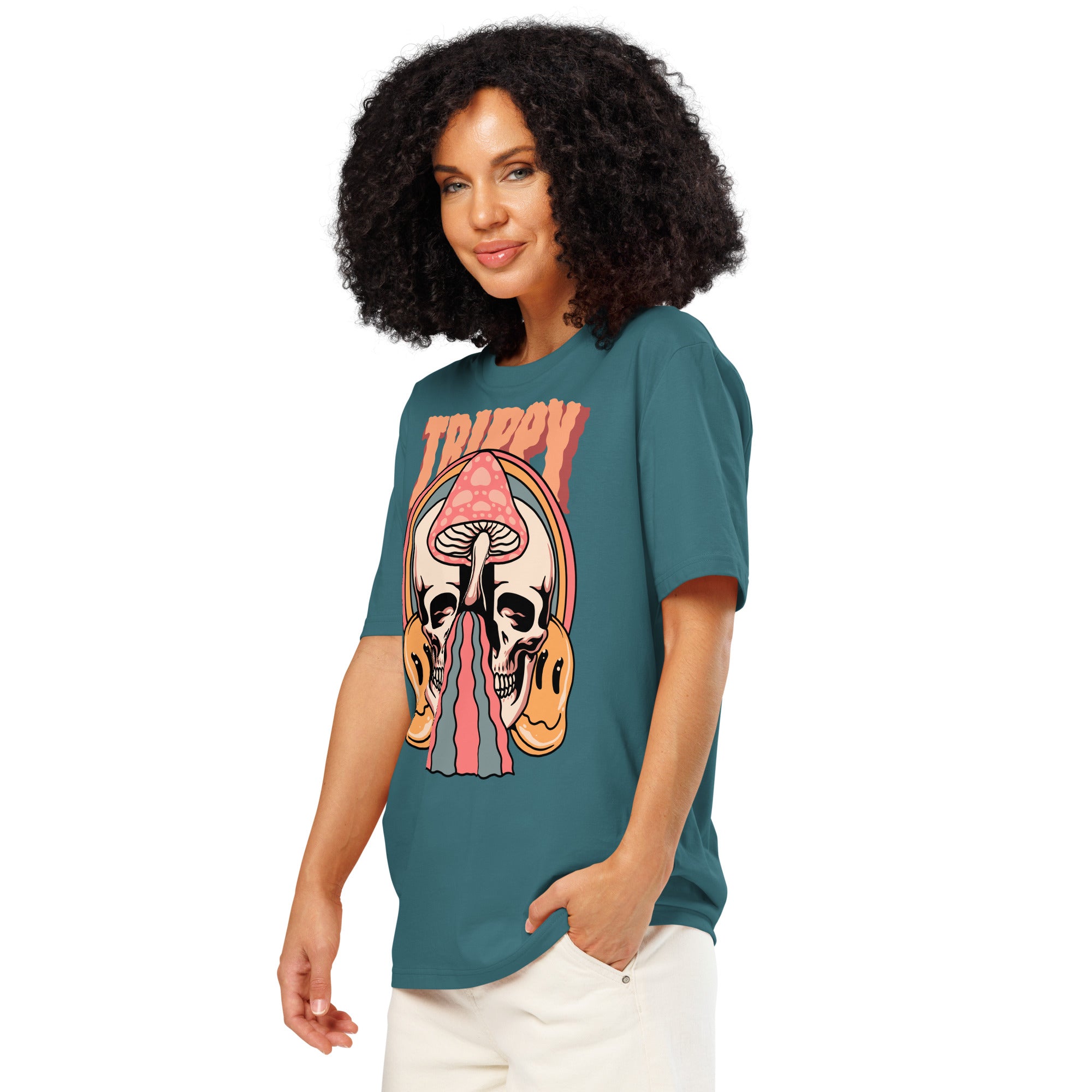 Heavyweight organic cotton t-shirt featuring a split skull pierced by a pink mushroom, with melting psychedelic shapes and small smiley faces.