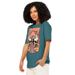 Heavyweight organic cotton t-shirt featuring a split skull pierced by a pink mushroom, with melting psychedelic shapes and small smiley faces.