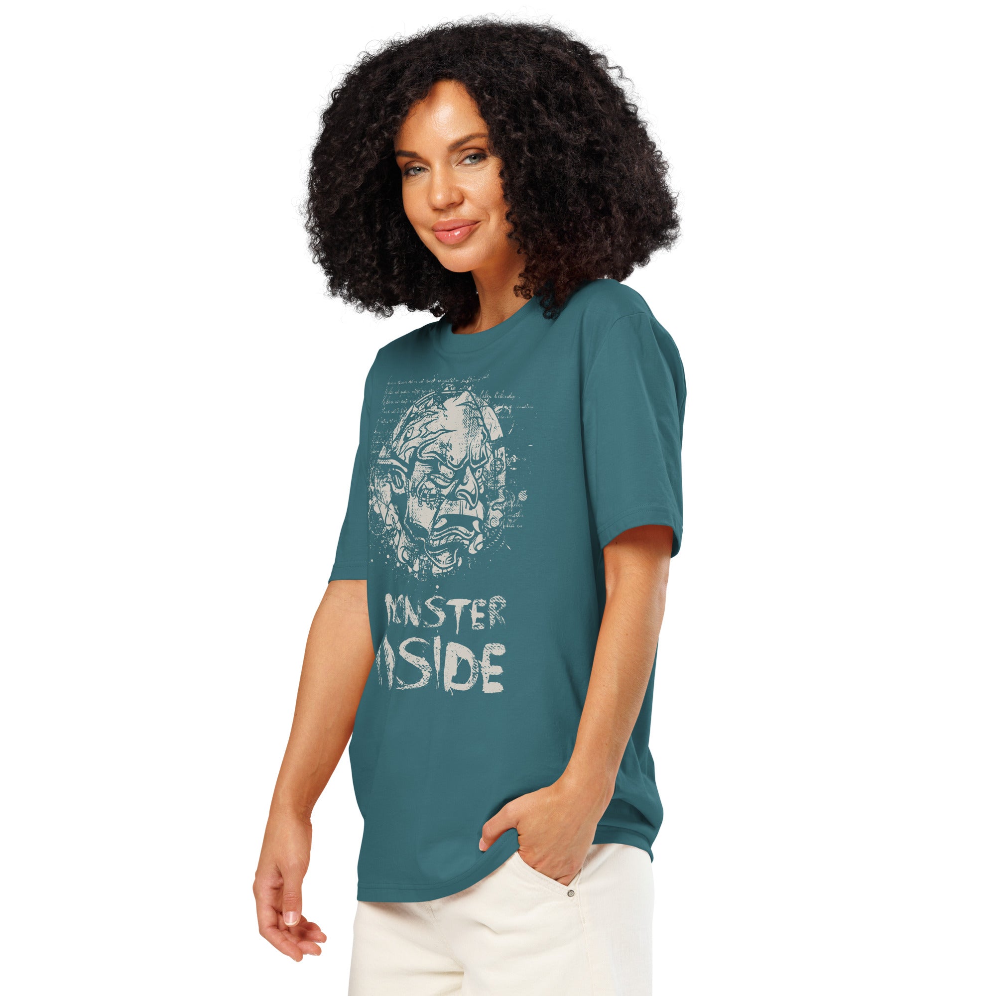 Black heavyweight organic cotton t-shirt featuring horned monster emerging from a ritual circle with fragmented script.