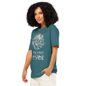 Black heavyweight organic cotton t-shirt featuring horned monster emerging from a ritual circle with fragmented script.